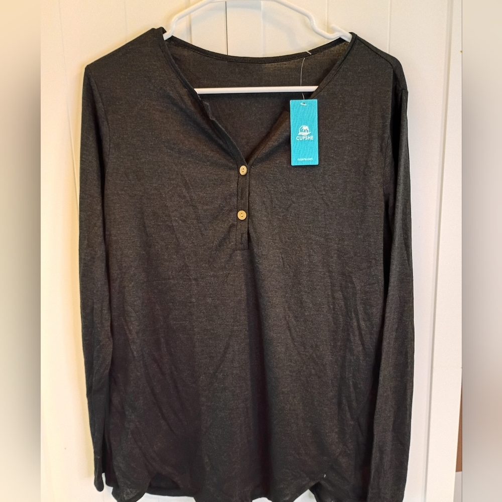 Cupshe Dark Charcoal Long Sleeve Henley Top